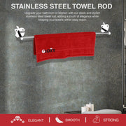 A silver stainless steel towel rod with a red towel hanging on it, marketed as elegant, smooth, and strong by GLOXY.