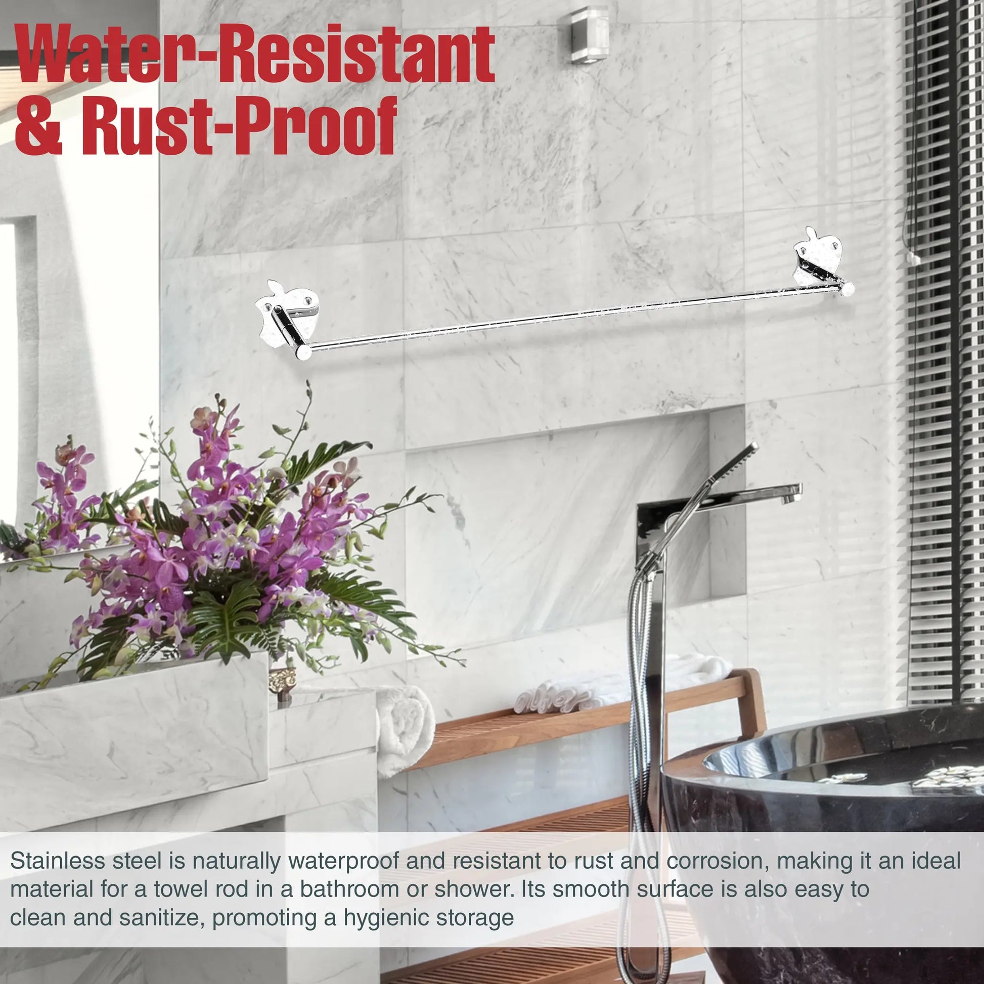 Stainless steel towel rack in a bathroom setting.