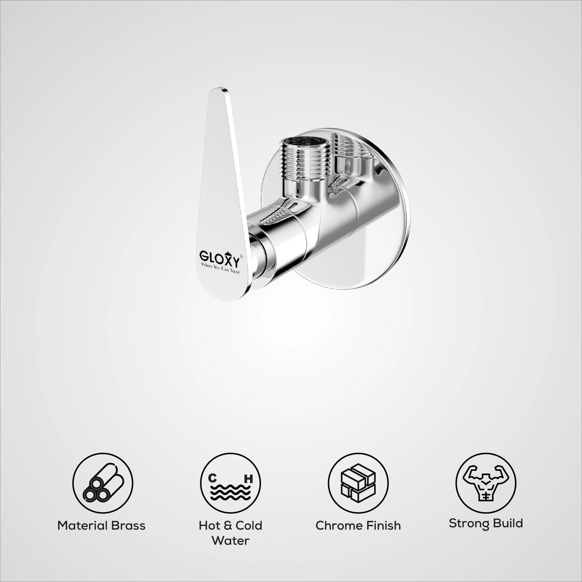 Chrome shower valve on a white background with feature icons.