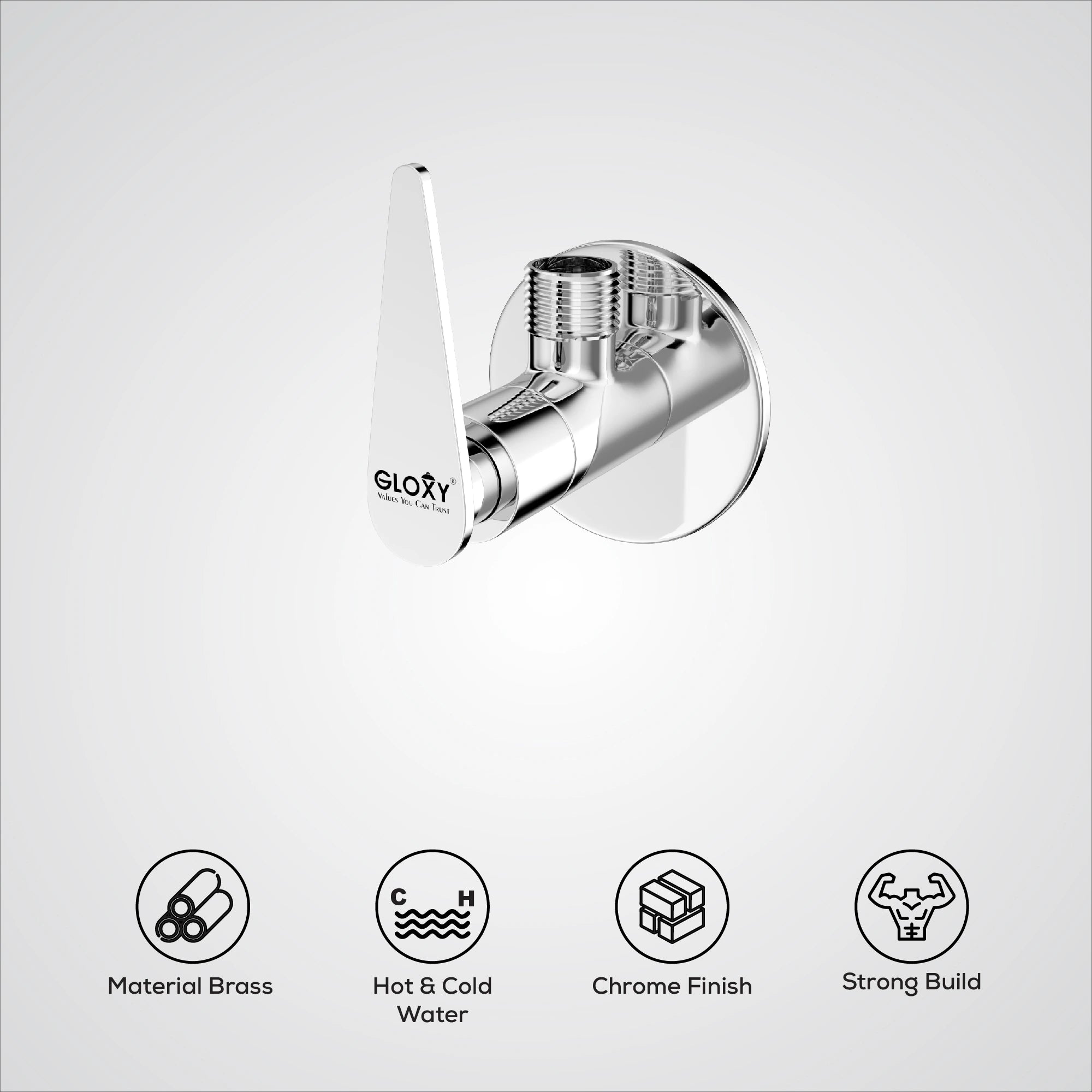 Chrome shower valve on a white background with feature icons.