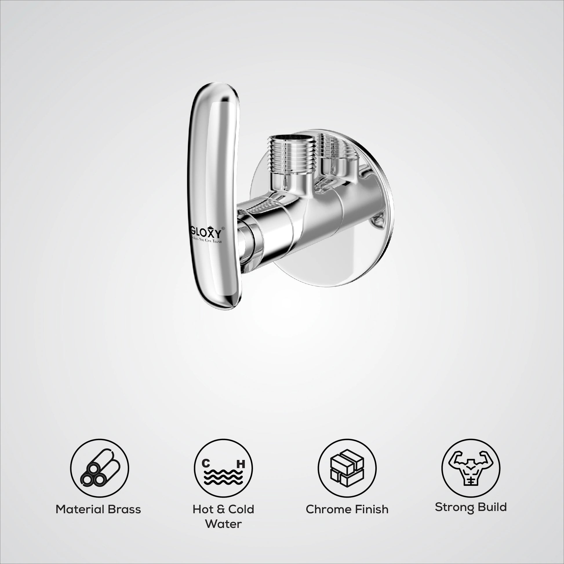 Chrome shower valve on a white background with feature icons.