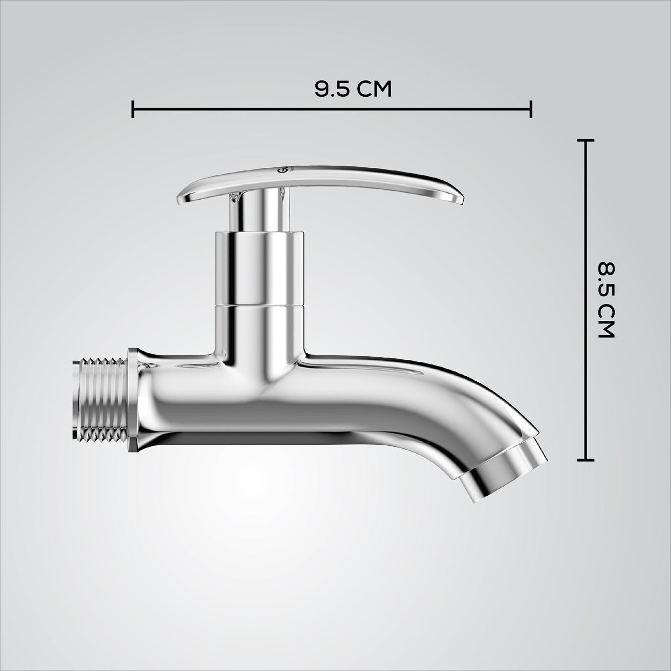 Chrome faucet with dimensions labeled on a white background