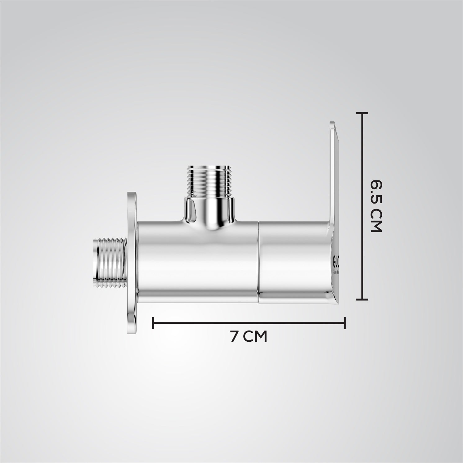 Chrome shower valve with dimensions on a gray background