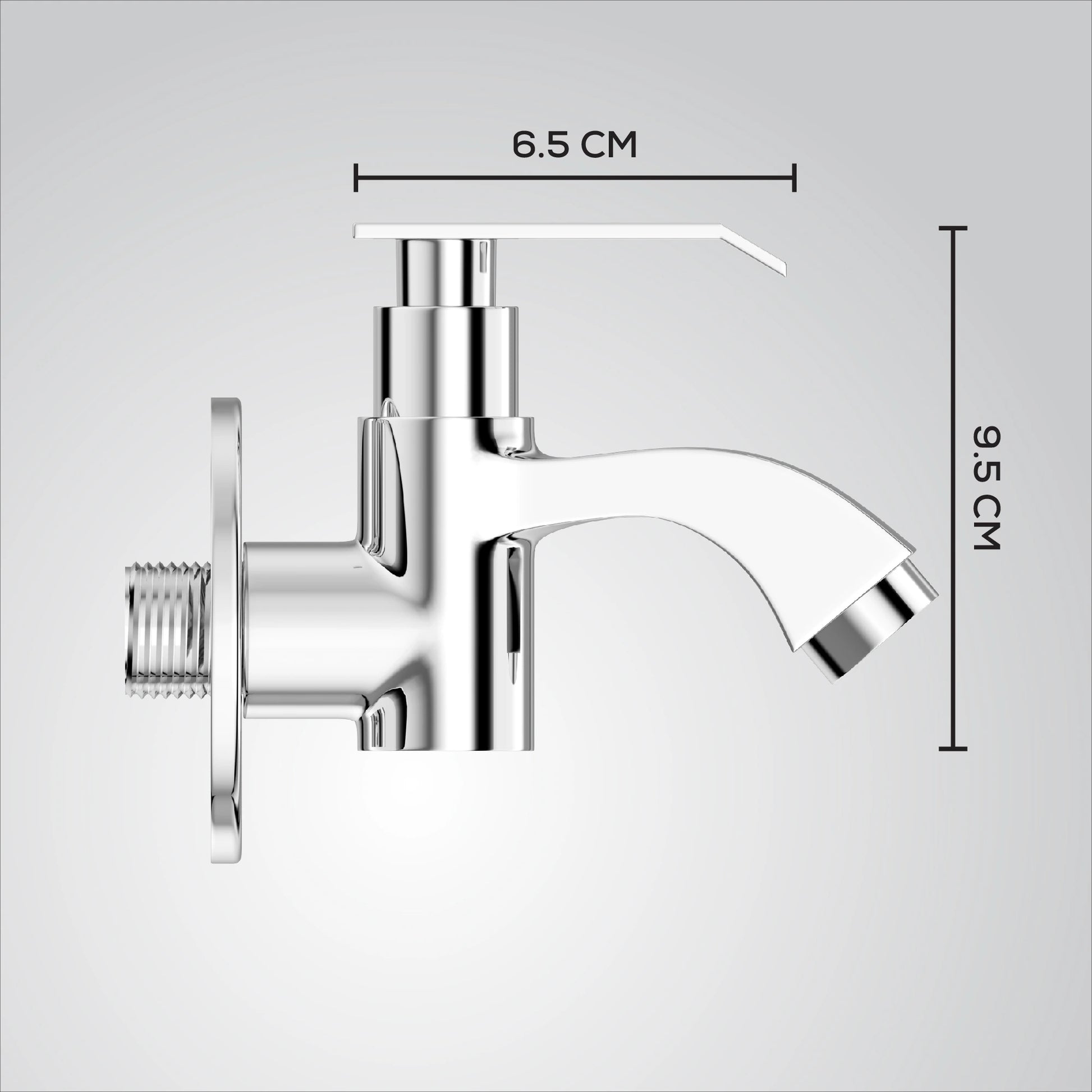 Chrome faucet with measurements on a gray background