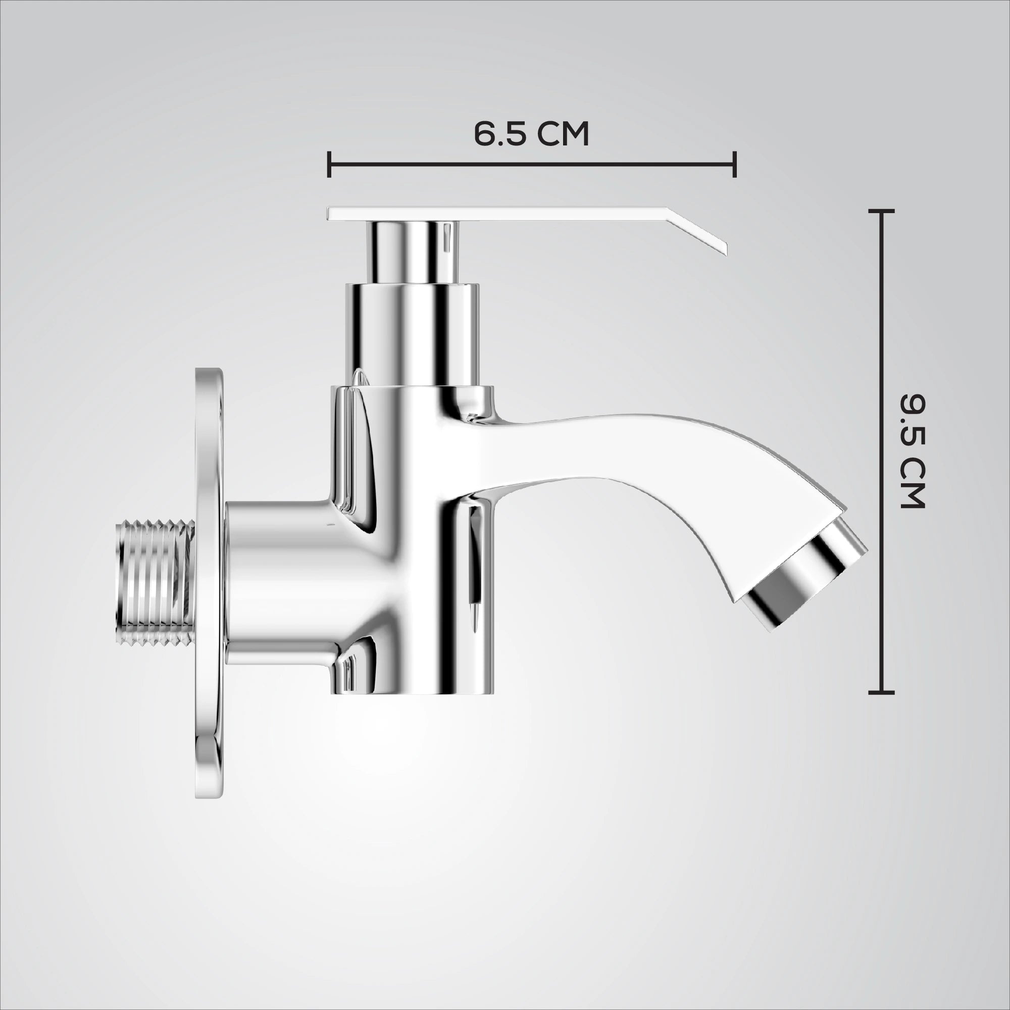 Chrome faucet with measurements on a gray background