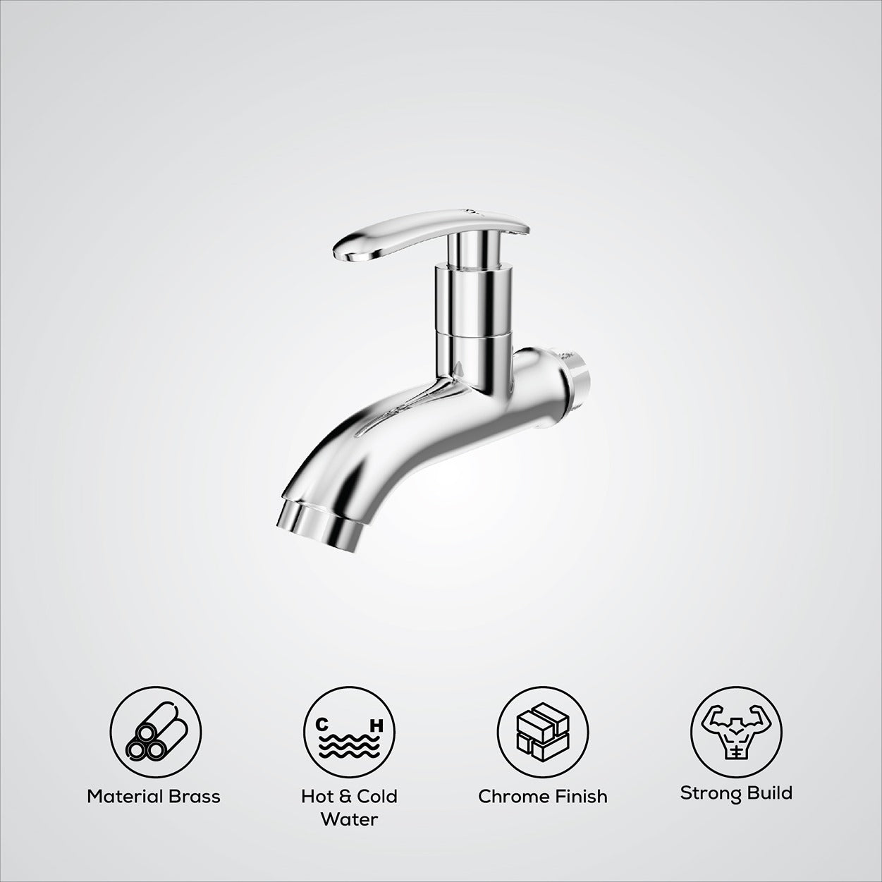 Chrome faucet with features listed below on a light gray background