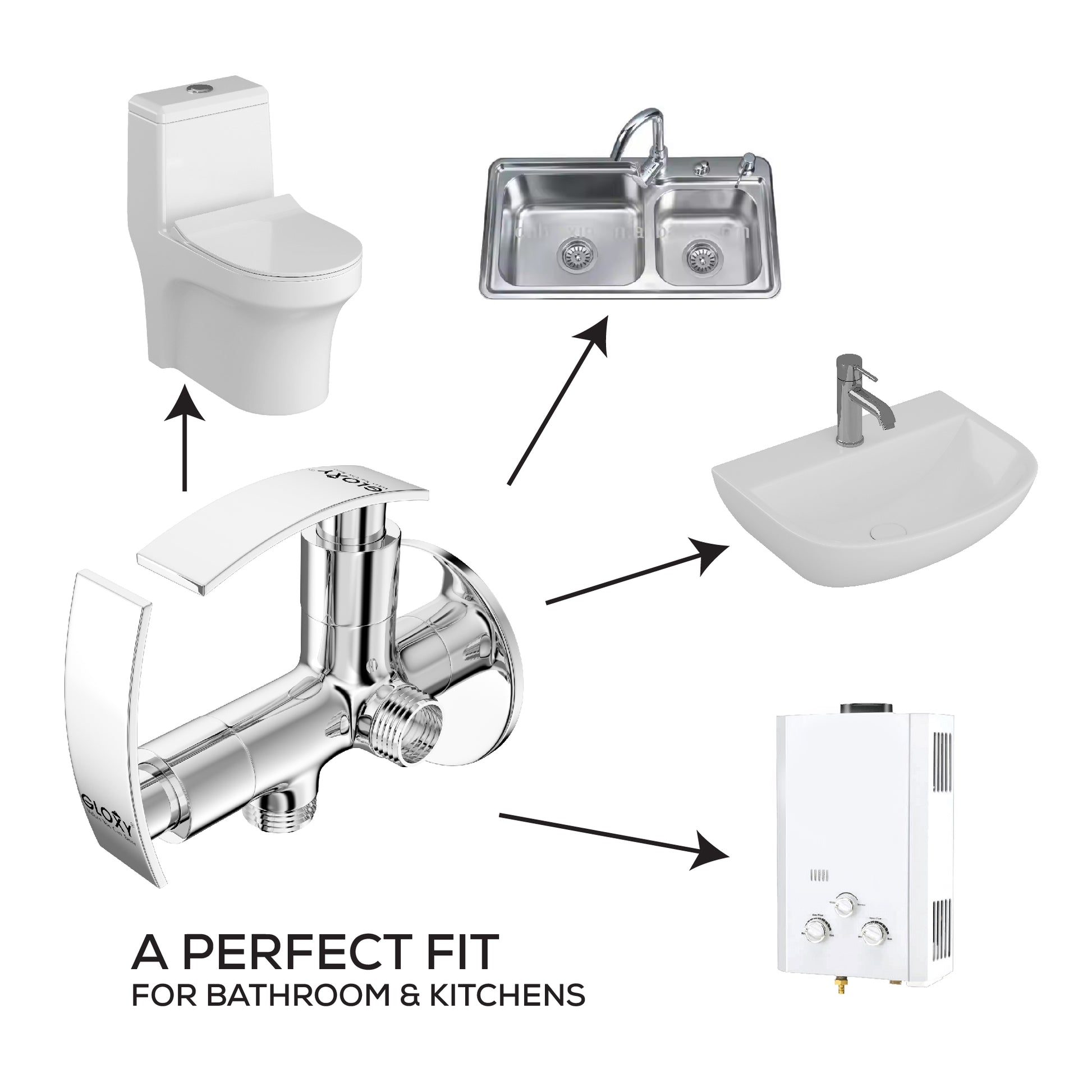 Collection of bathroom and kitchen fixtures including a toilet, sink, faucet, and shower head with text 'A PERFECT FIT FOR BATHROOM & KITCHENS'.