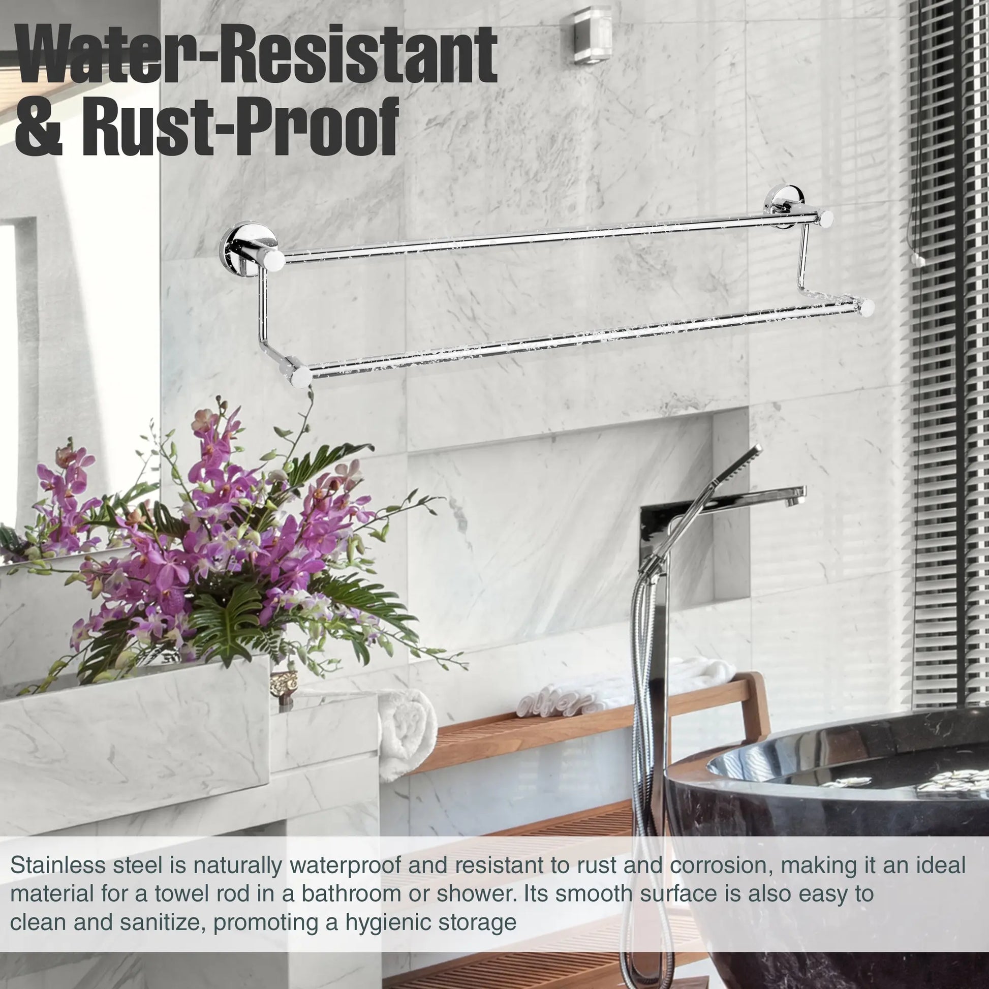 Stainless steel towel rod in a bathroom setting with text highlighting water-resistance and rust-proof properties.