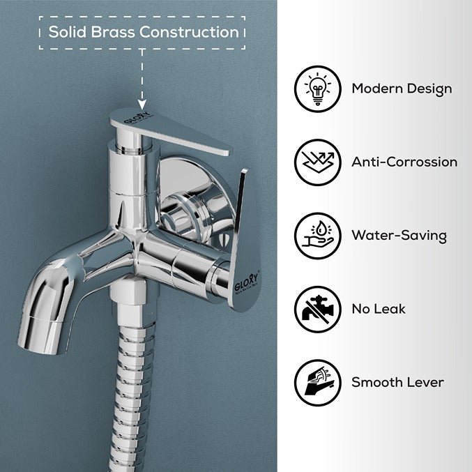 Chrome faucet with features listed on a gray background