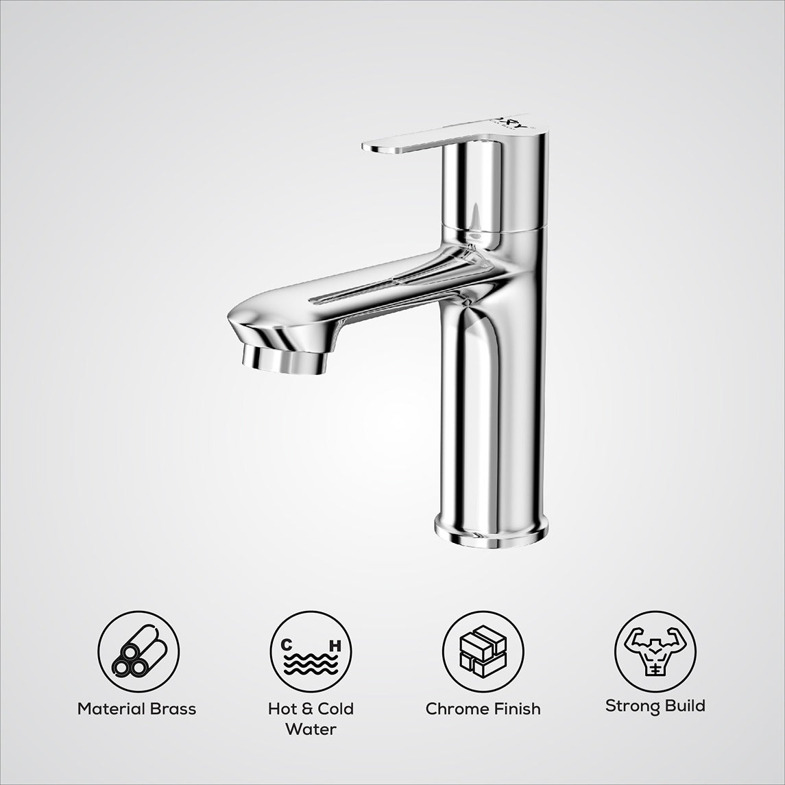 Chrome faucet with material, water type, finish, and build features on a white background