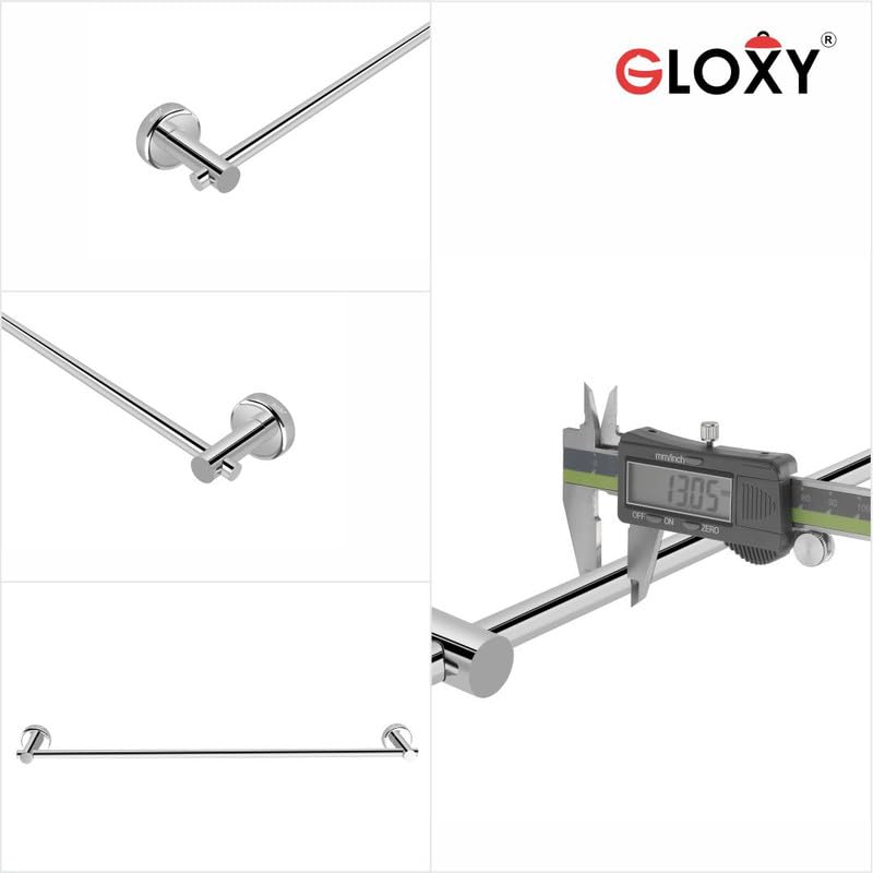 Chrome towel bar with measurement details on a white background.