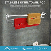 A stainless steel 2-layer towel rod with hooks, displayed with red and yellow towels hanging on it, marketed for use in bathrooms or kitchens.