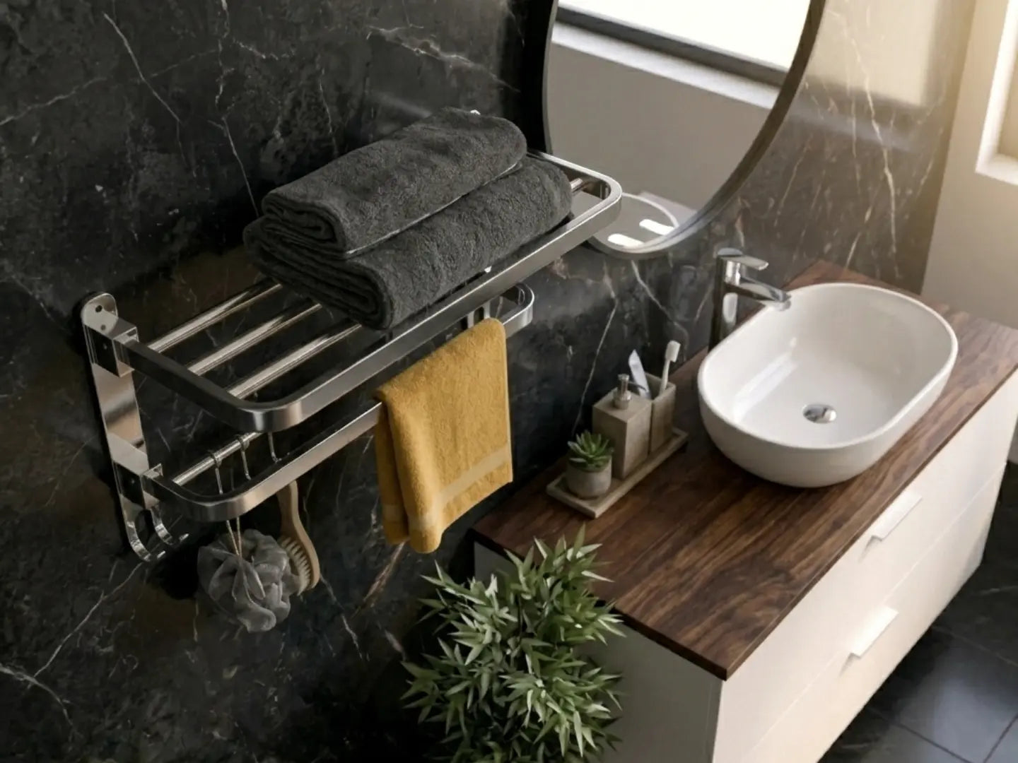 A wall-mounted stainless steel towel rack in a modern bathroom setting, holding folded dark gray towels and a yellow hand towel, next to a white vessel sink and dark wood vanity.