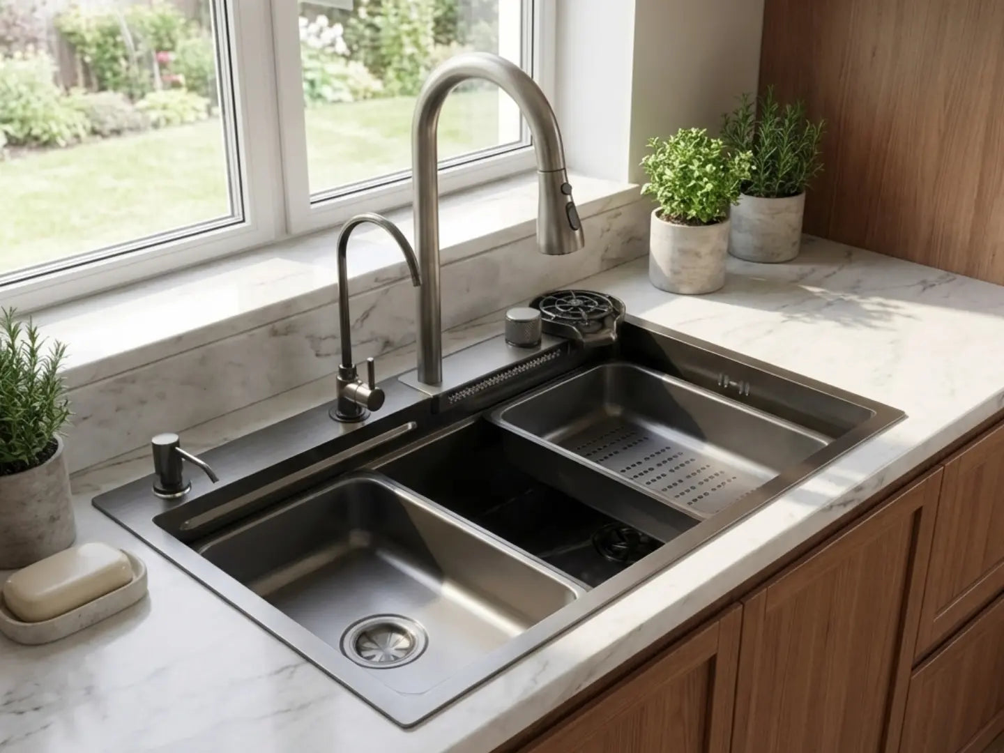 A modern double-basin stainless steel kitchen sink with a high-arc pull-down faucet and a second smaller faucet, installed in a white marble countertop with wooden cabinets. A window behind the sink shows a green garden outside, and small potted plants sit on the counter.
