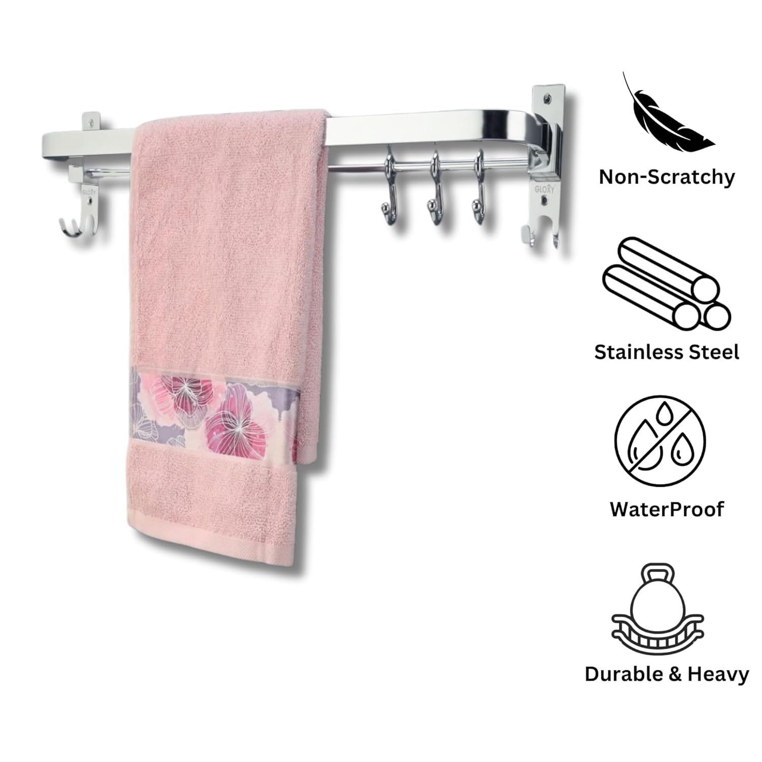 Towel rack with pink towel and feature icons on a white background