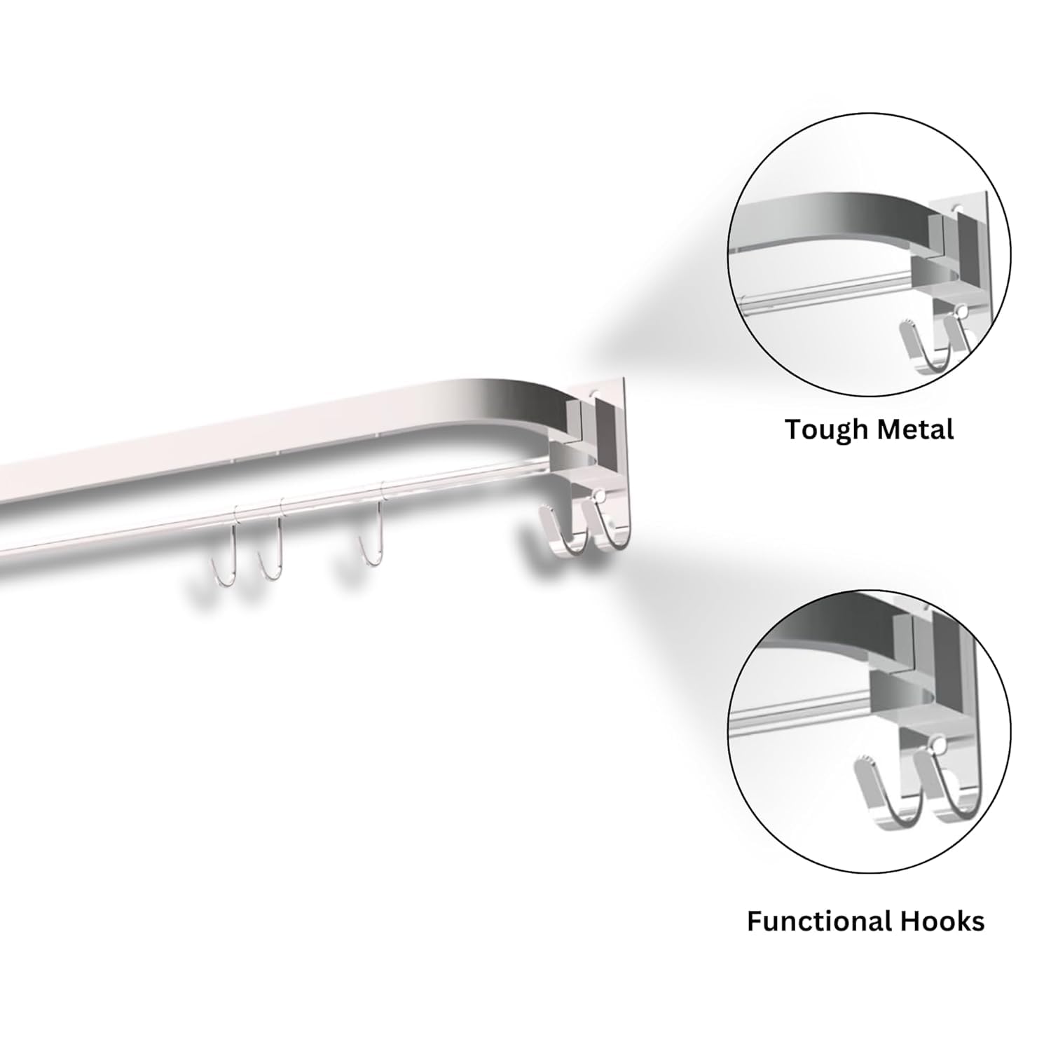 Metal towel rod with hooks on a white background