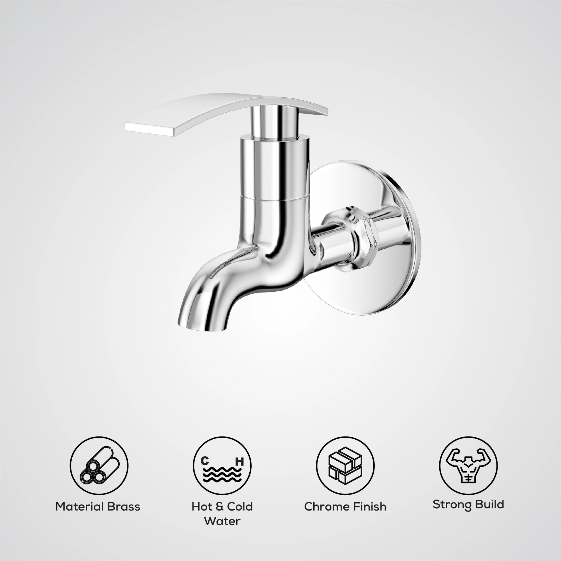 Chrome wall-mounted faucet with feature icons below