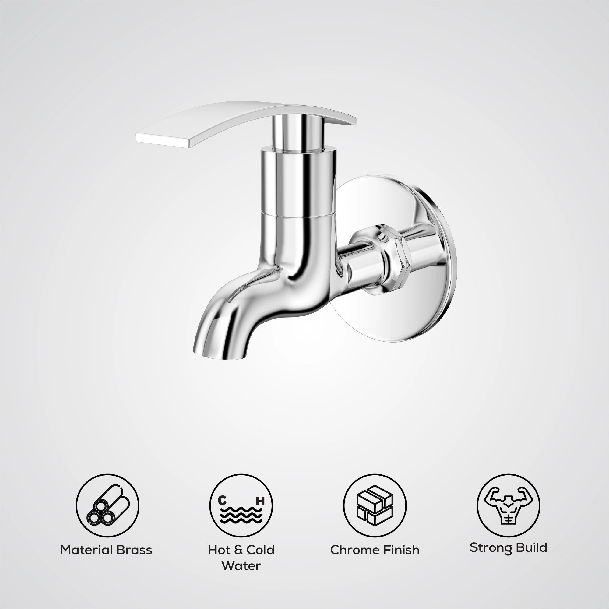 Chrome wall-mounted faucet with feature icons below