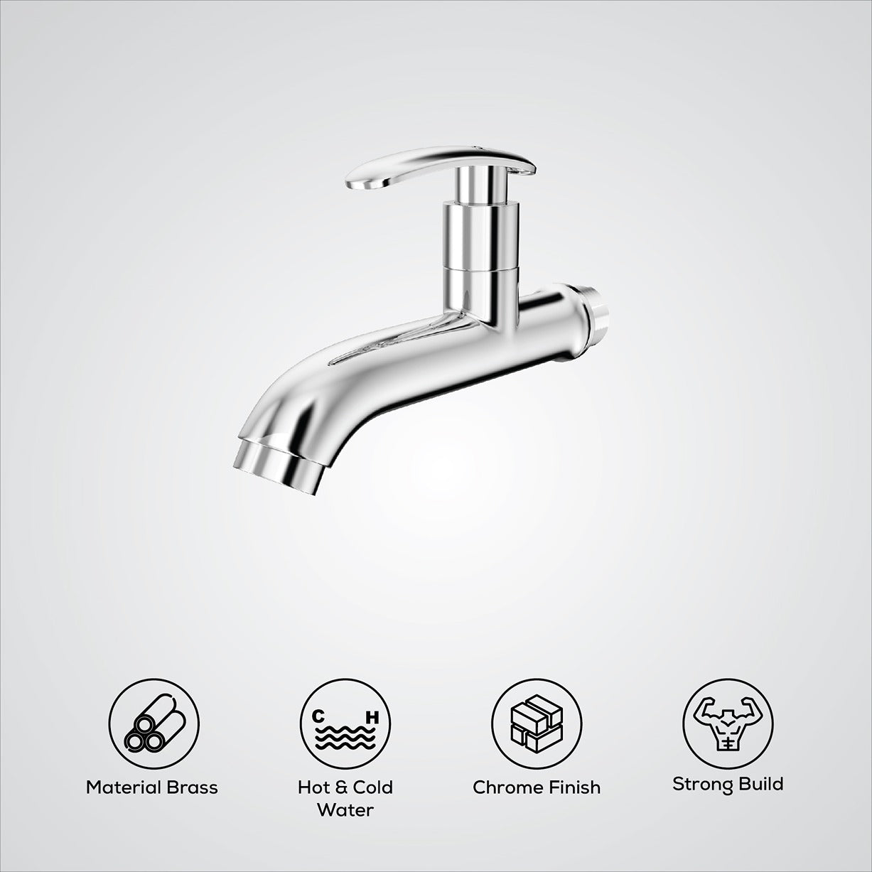 Chrome faucet with features listed below on a light gray background