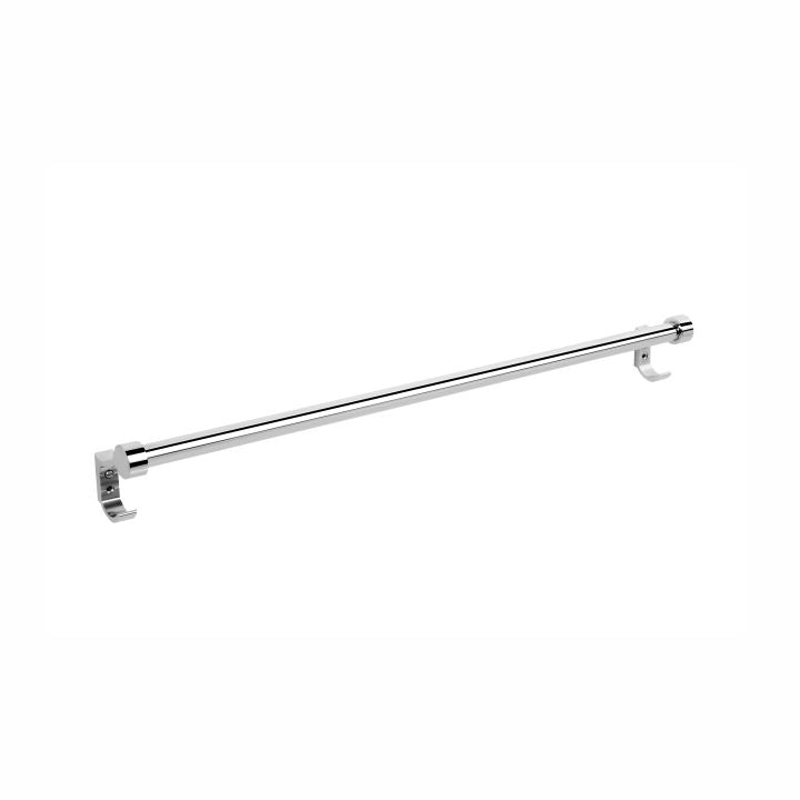 a stainless steel towel bar against white background