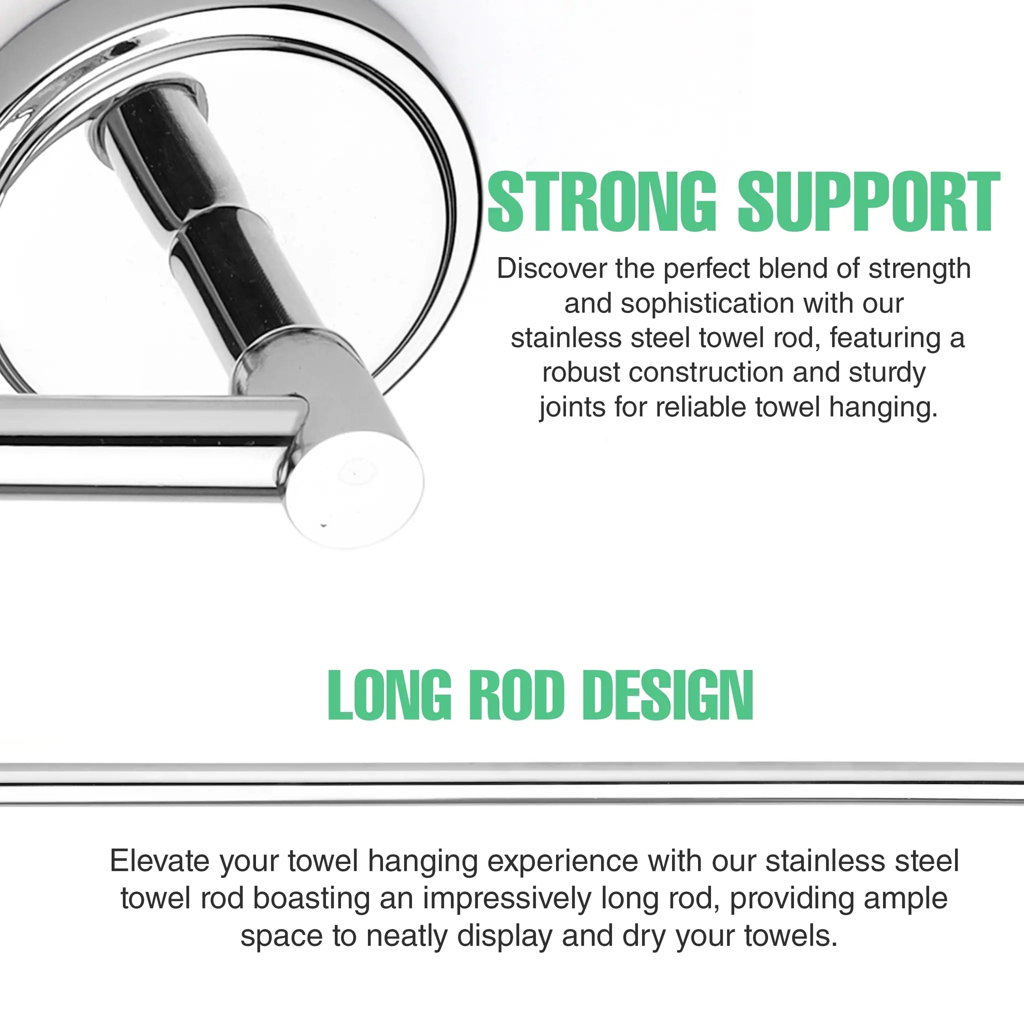 Stainless steel towel rod with text highlighting its strength and design.