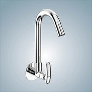 Chrome finish wall mounted brass swan neck faucet with a 360-degree swivel design, suitable for kitchen sinks and bathroom washbasins.