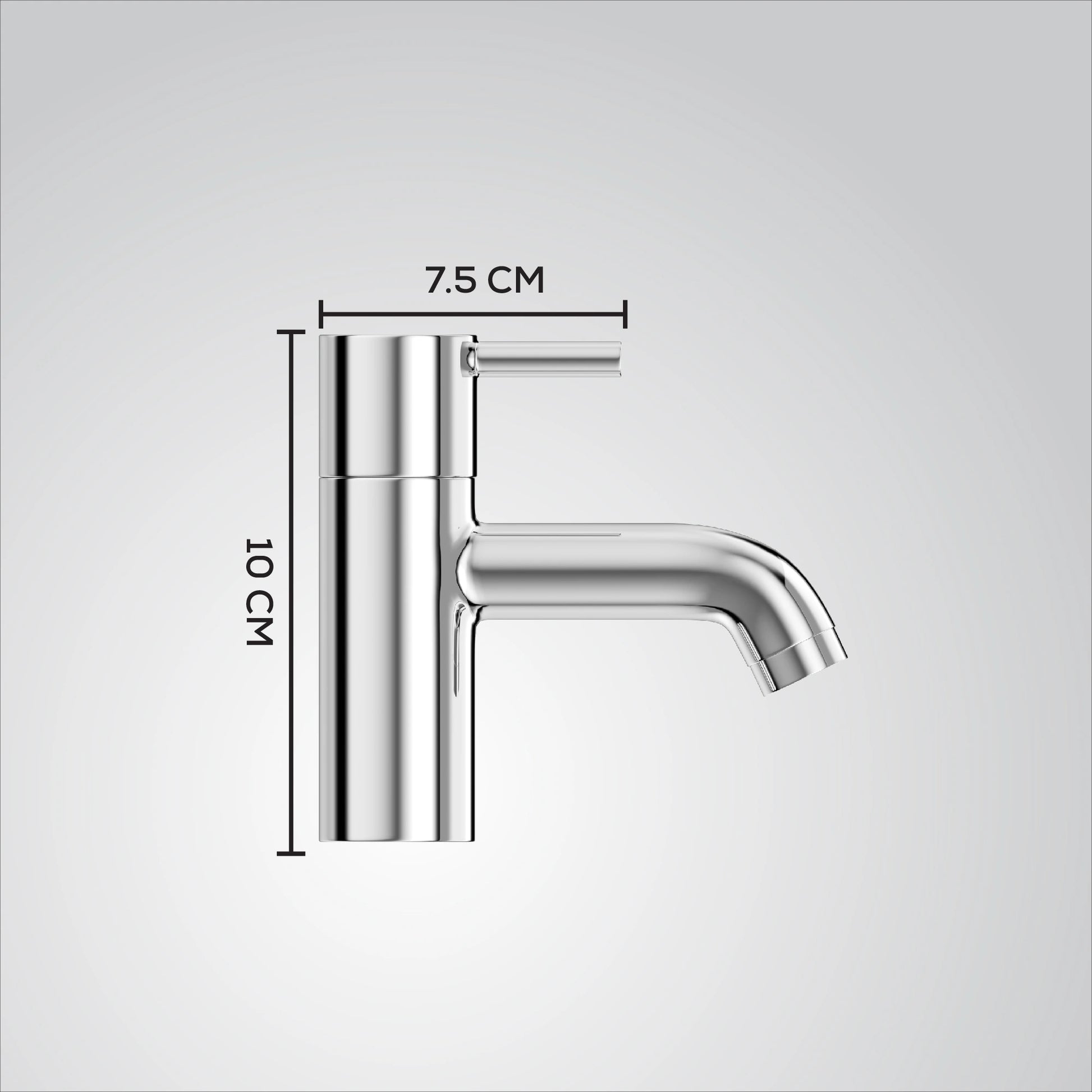 Chrome faucet with measurements on a white background