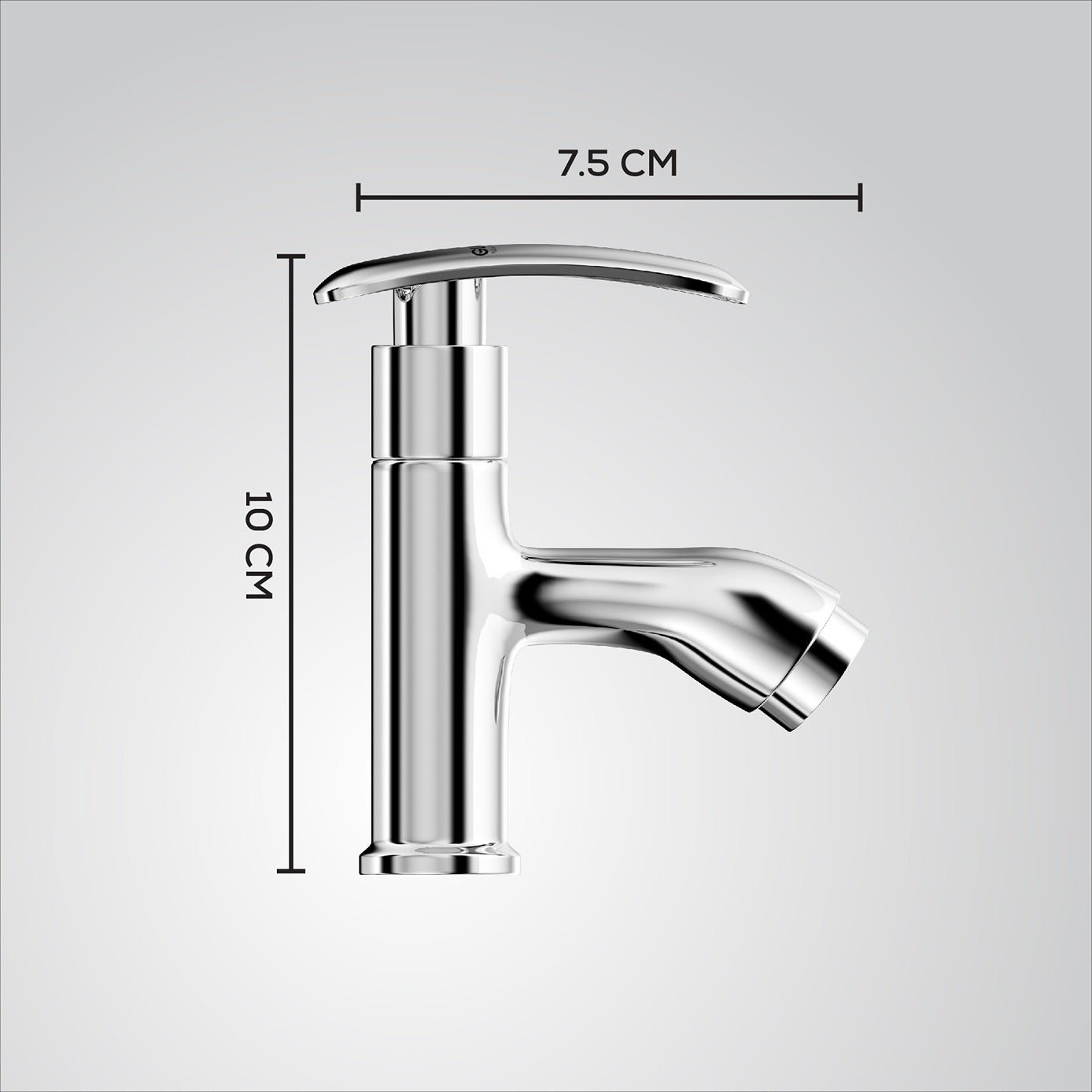 Chrome faucet with dimensions indicated on a light gray background