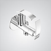 Chrome wall-mounted angle valve on a light gray background