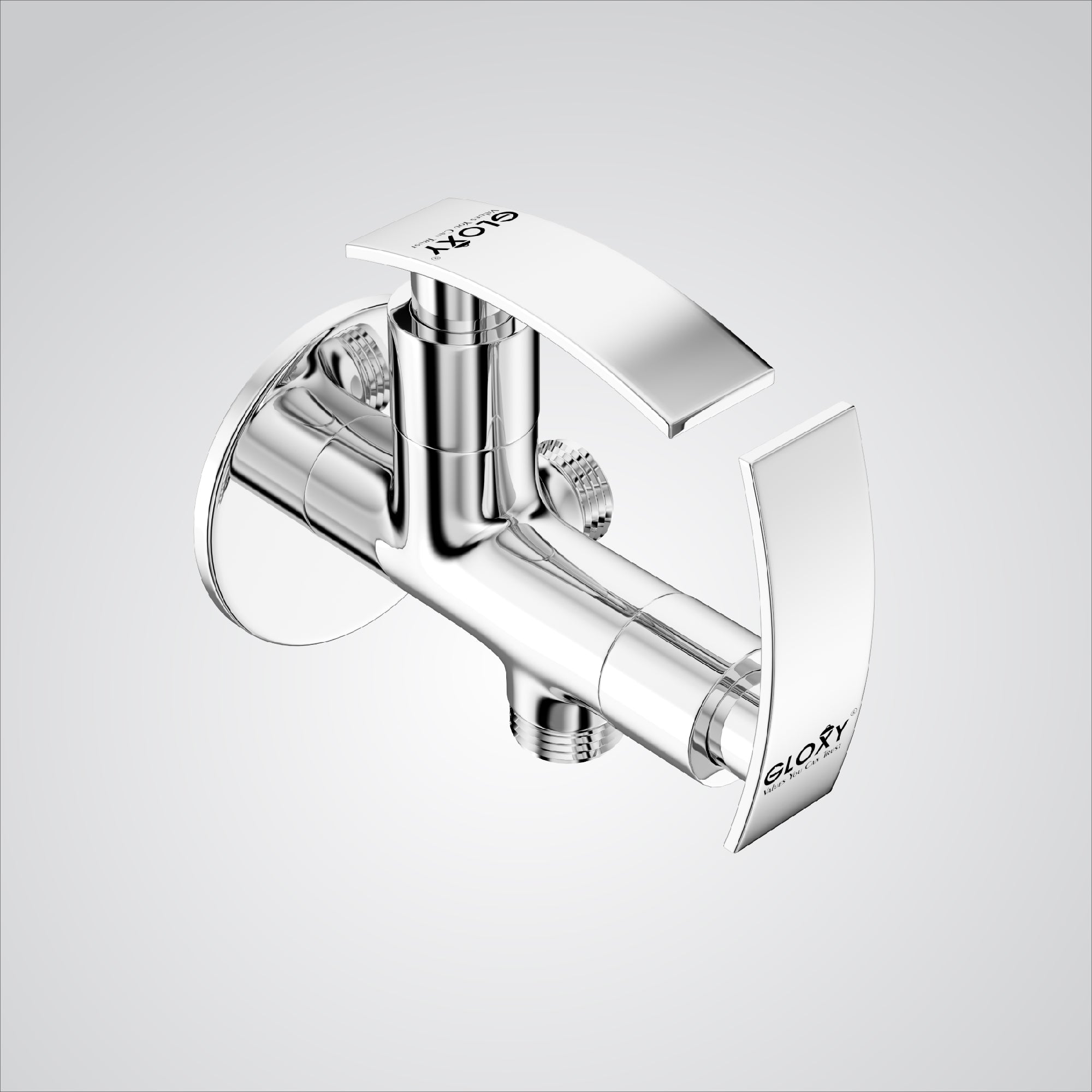 Chrome wall-mounted angle valve on a light gray background