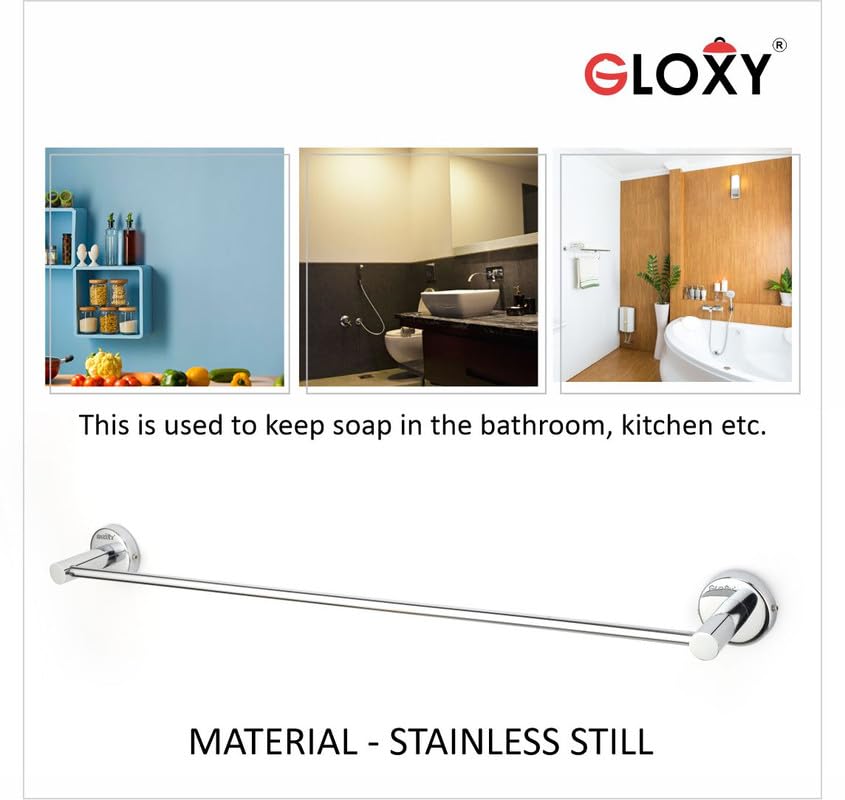 Stainless steel towel bar with bathroom and kitchen usage examples.