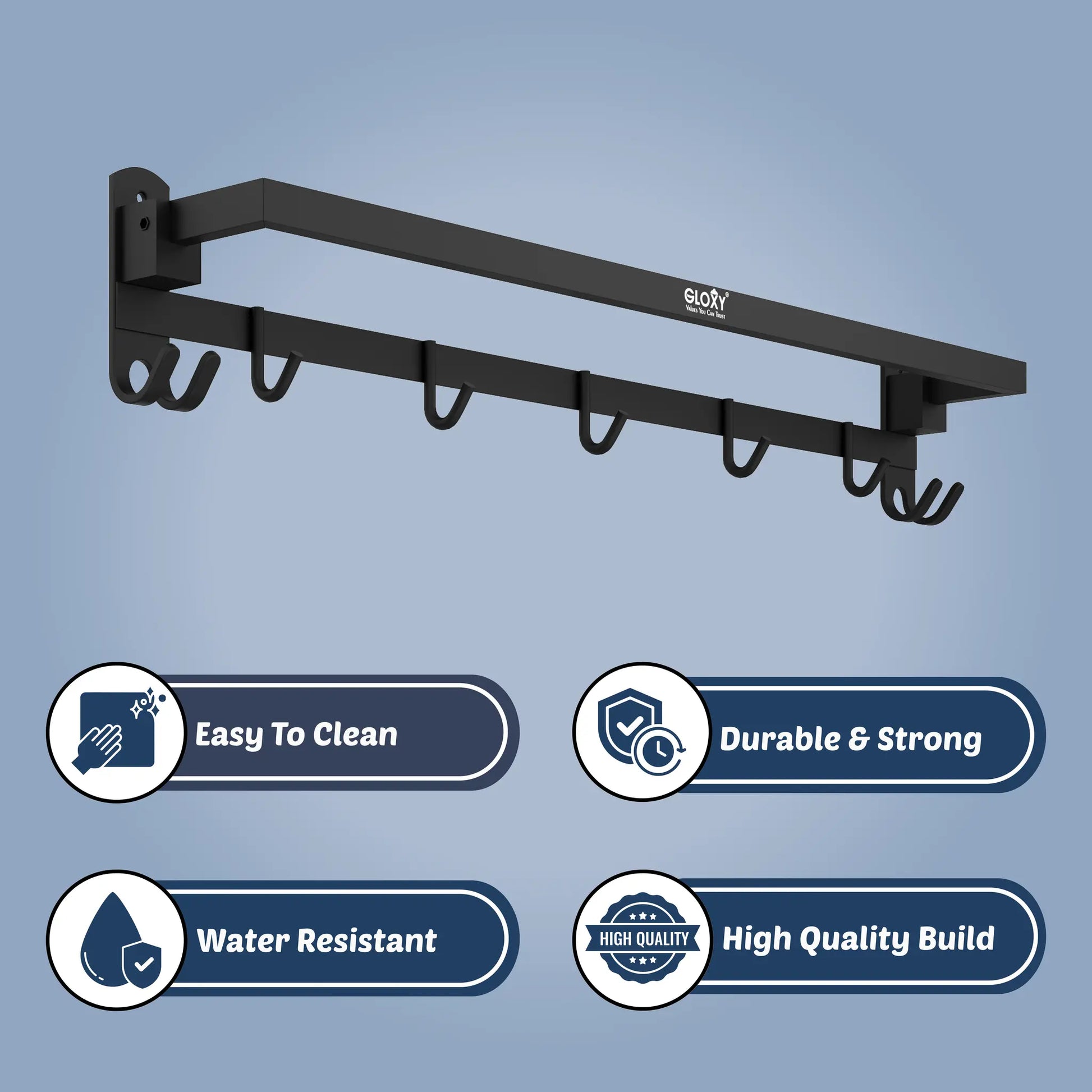 Gloxy Rectangular Shape Stainless Steel Black Finish Folding Towel Bars And Hooks – 24 Inch