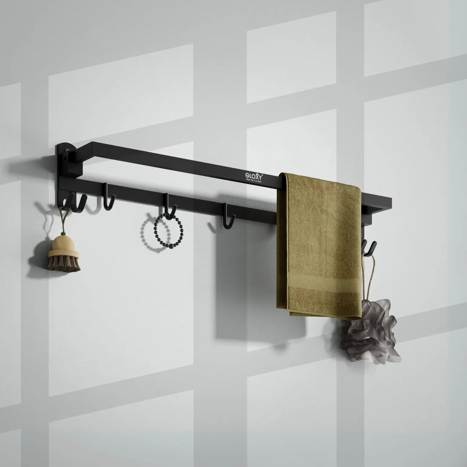 Gloxy Rectangular Shape Stainless Steel Black Finish Folding Towel Bars And Hooks – 24 Inch