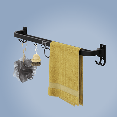 Gloxy Round Shape Stainless Steel Black Finish Folding Towel Rod with Hooks – 24 Inch