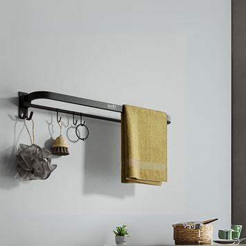 Gloxy Round Shape Stainless Steel Black Finish Folding Towel Rod with Hooks – 24 Inch