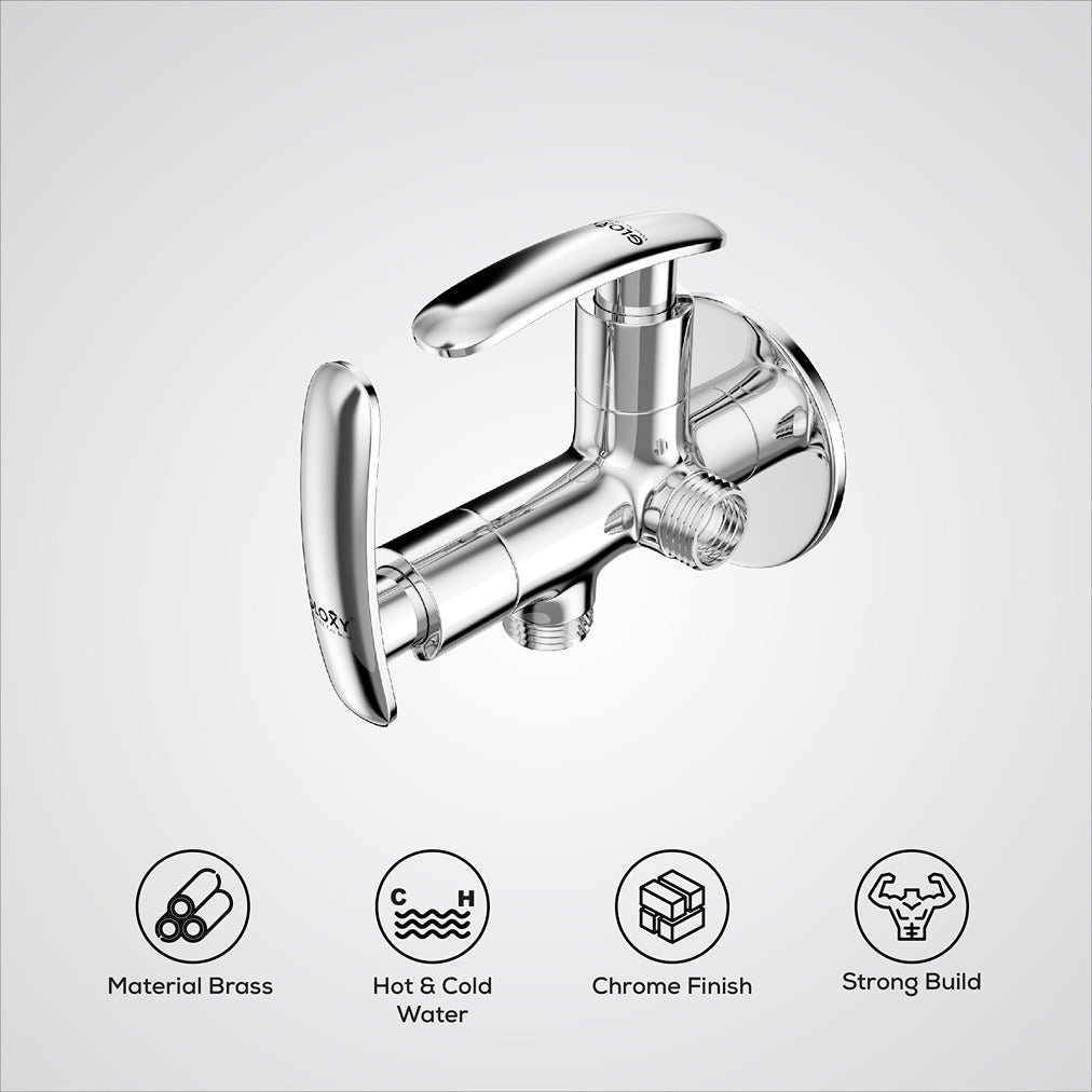 Chrome wall-mounted faucet with features listed below on a light gray background