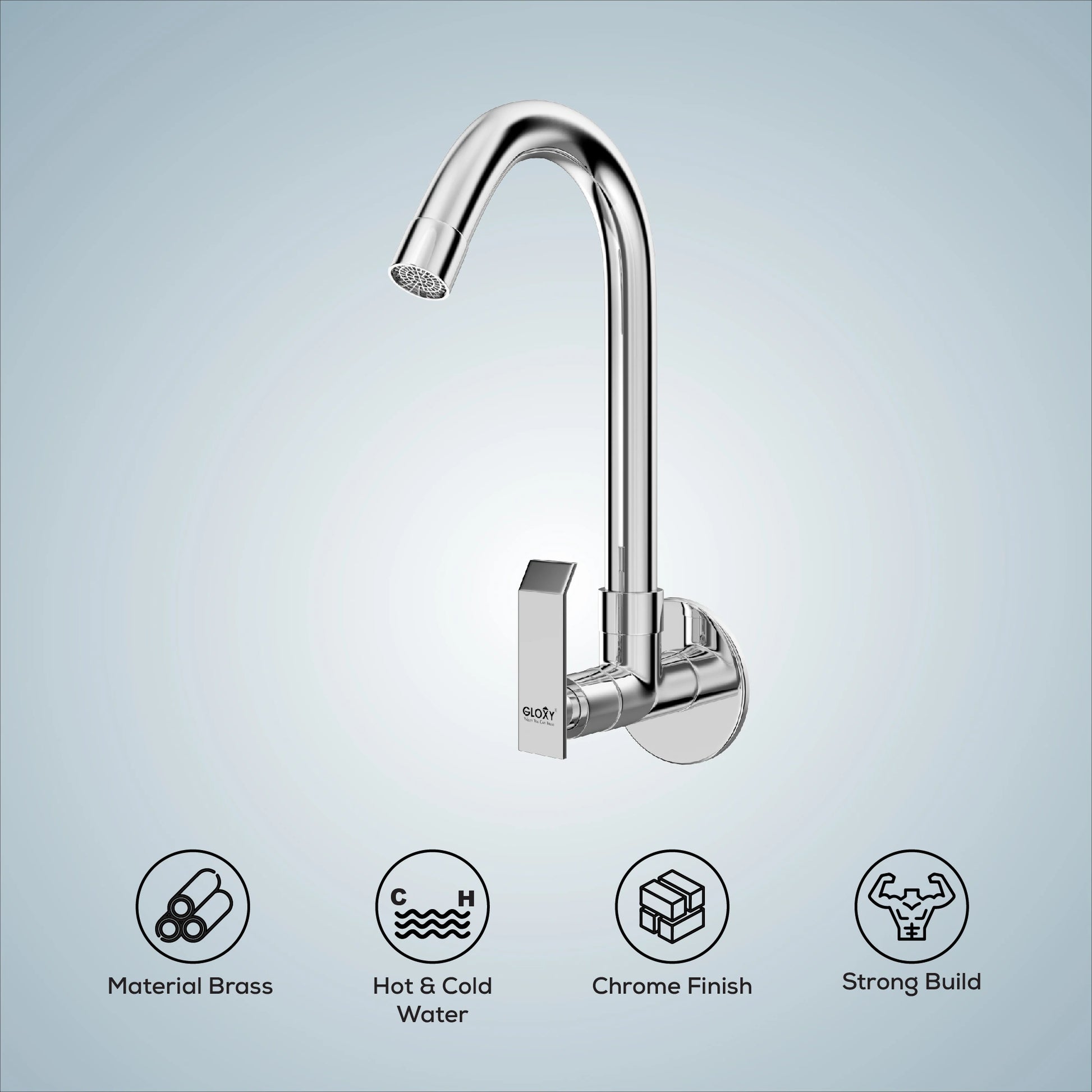 Wall mount brass kitchen and wash basin faucet, chrome finish – Gloxy