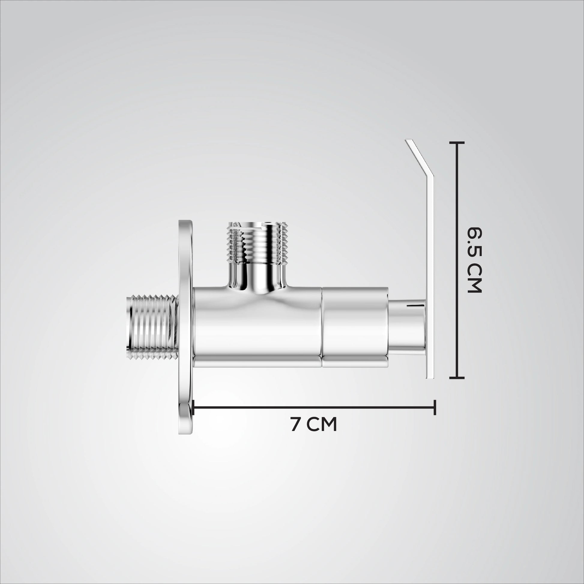 Chrome valve with measurements on a gray background