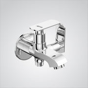 Chrome wall-mounted angle valbe on a light gray background