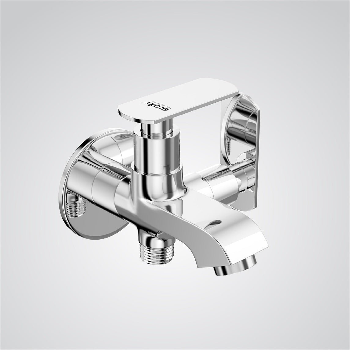 Chrome wall-mounted angle valbe on a light gray background