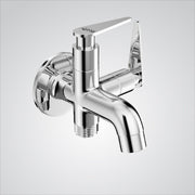 Chrome wall-mounted angle valve on a light gray background