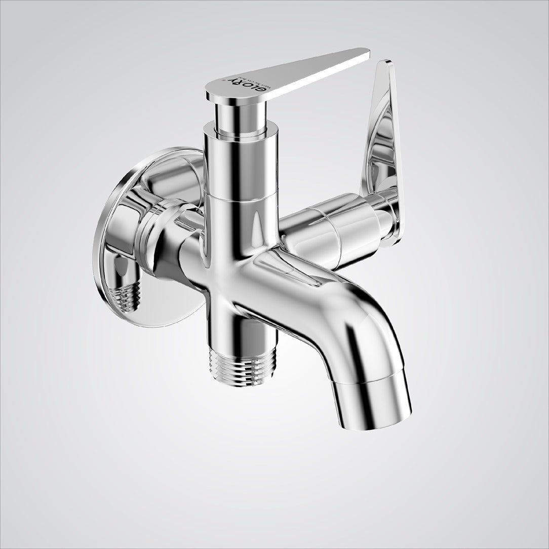 Chrome wall-mounted angle valve on a light gray background