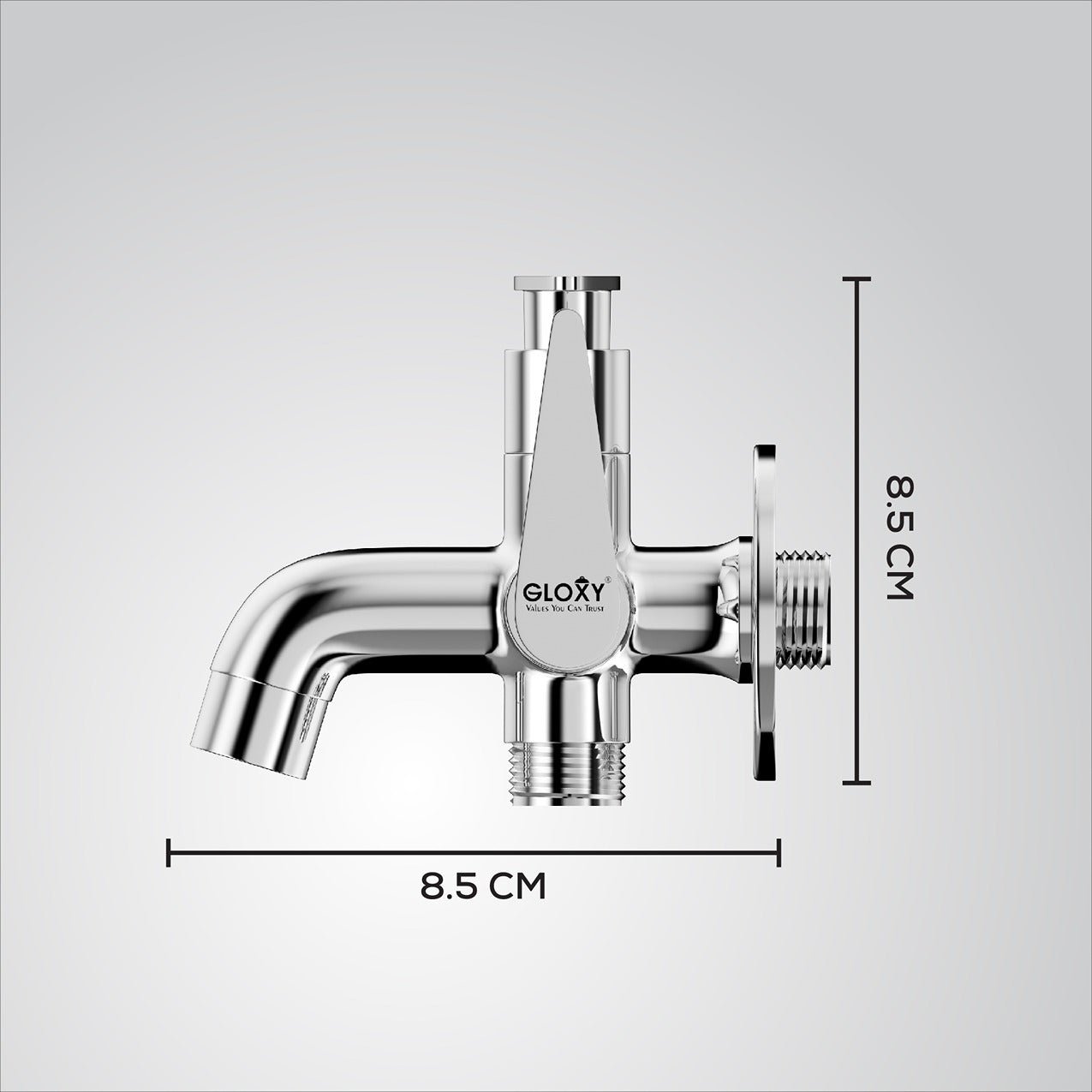 Chrome faucet with dimensions labeled on a white background