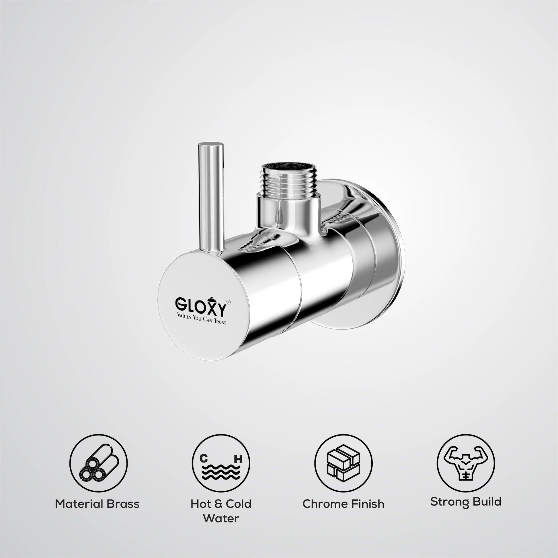 Chrome stop cock single handle on a light gray background with feature icons.