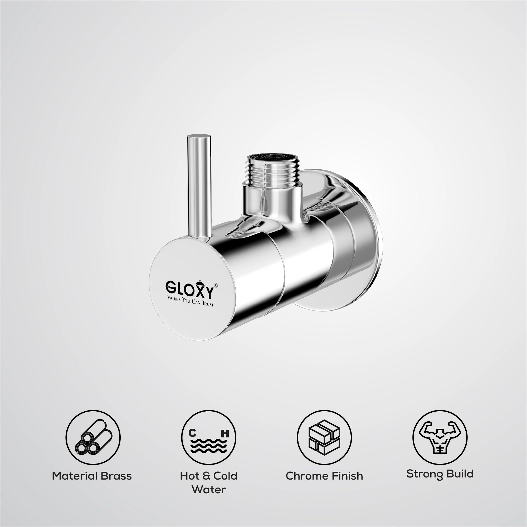 Chrome stop cock single handle on a light gray background with feature icons.