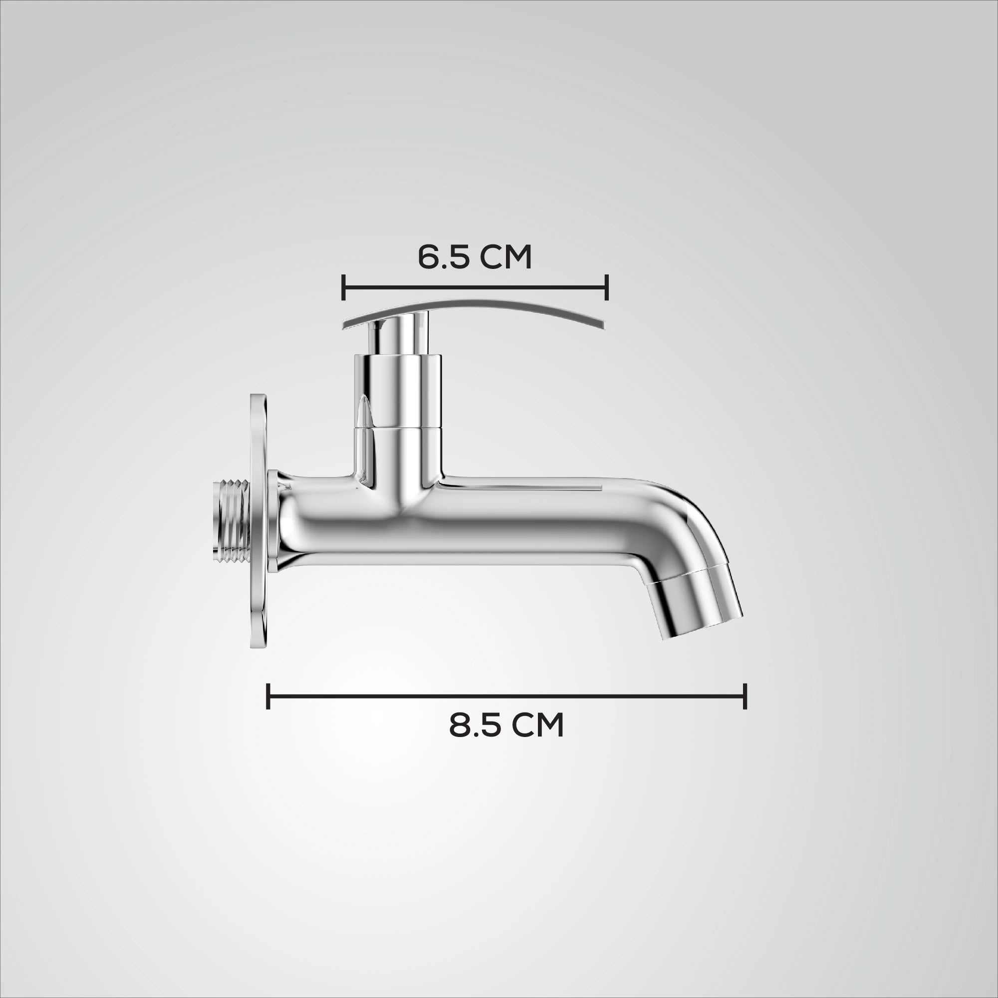 Chrome faucet with measurements on a gray background