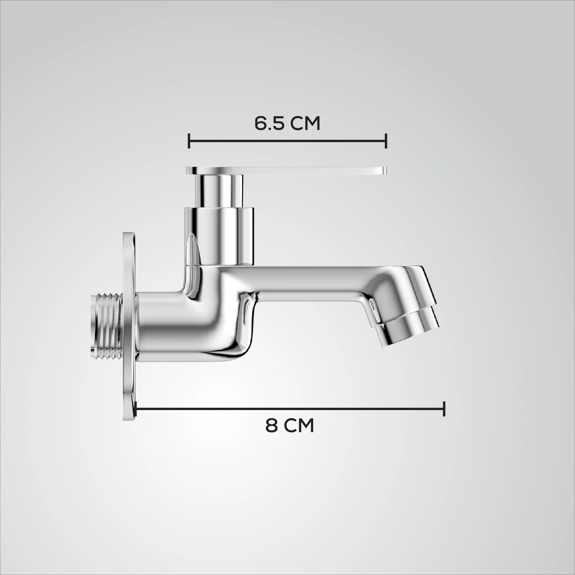 Chrome faucet with measurements on a gray background