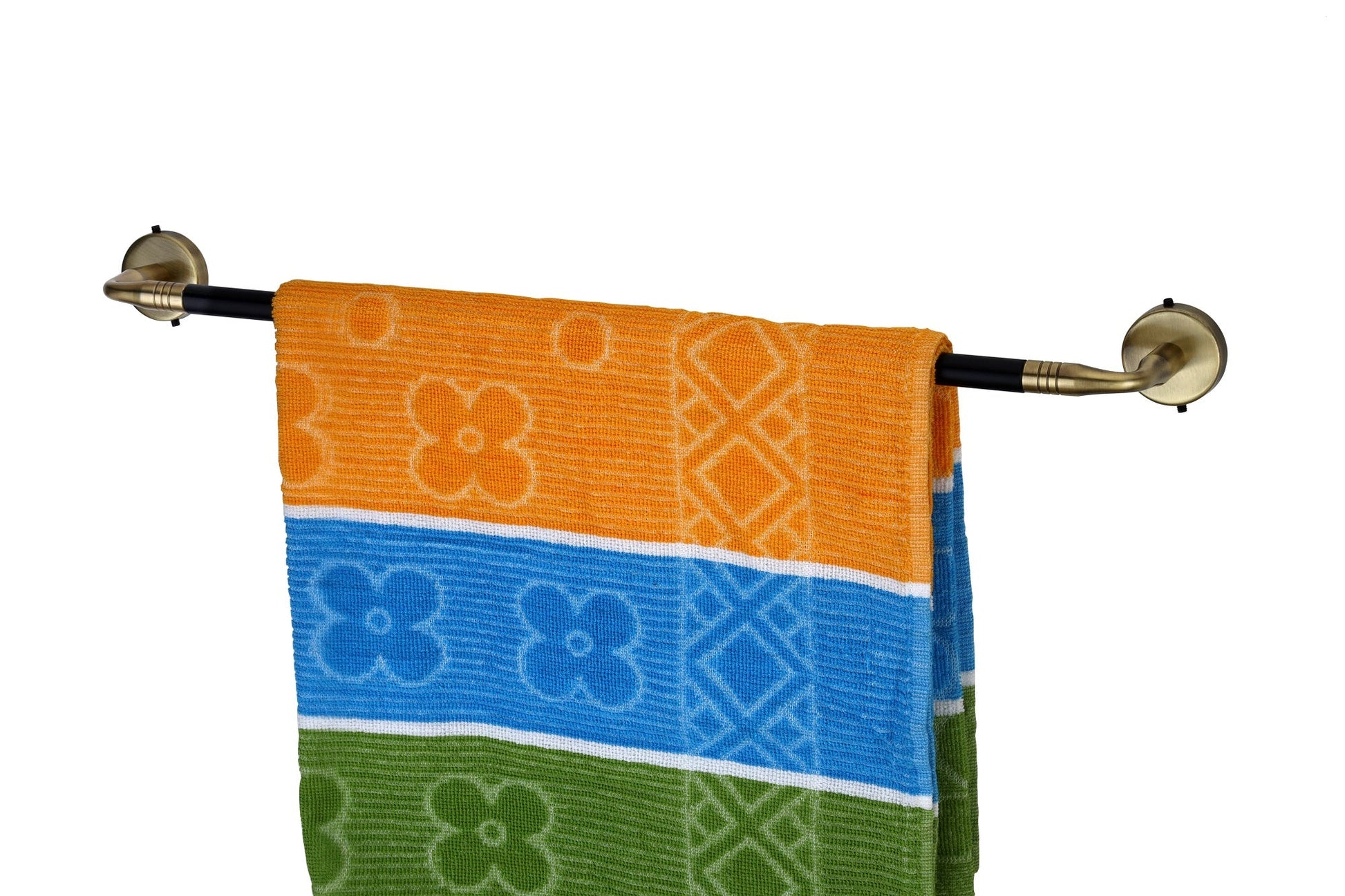 Antique & Black Finish 24 Inch Stainless Steel Towel Rod for Bathroom with hanging a colourfull towel againt white backround