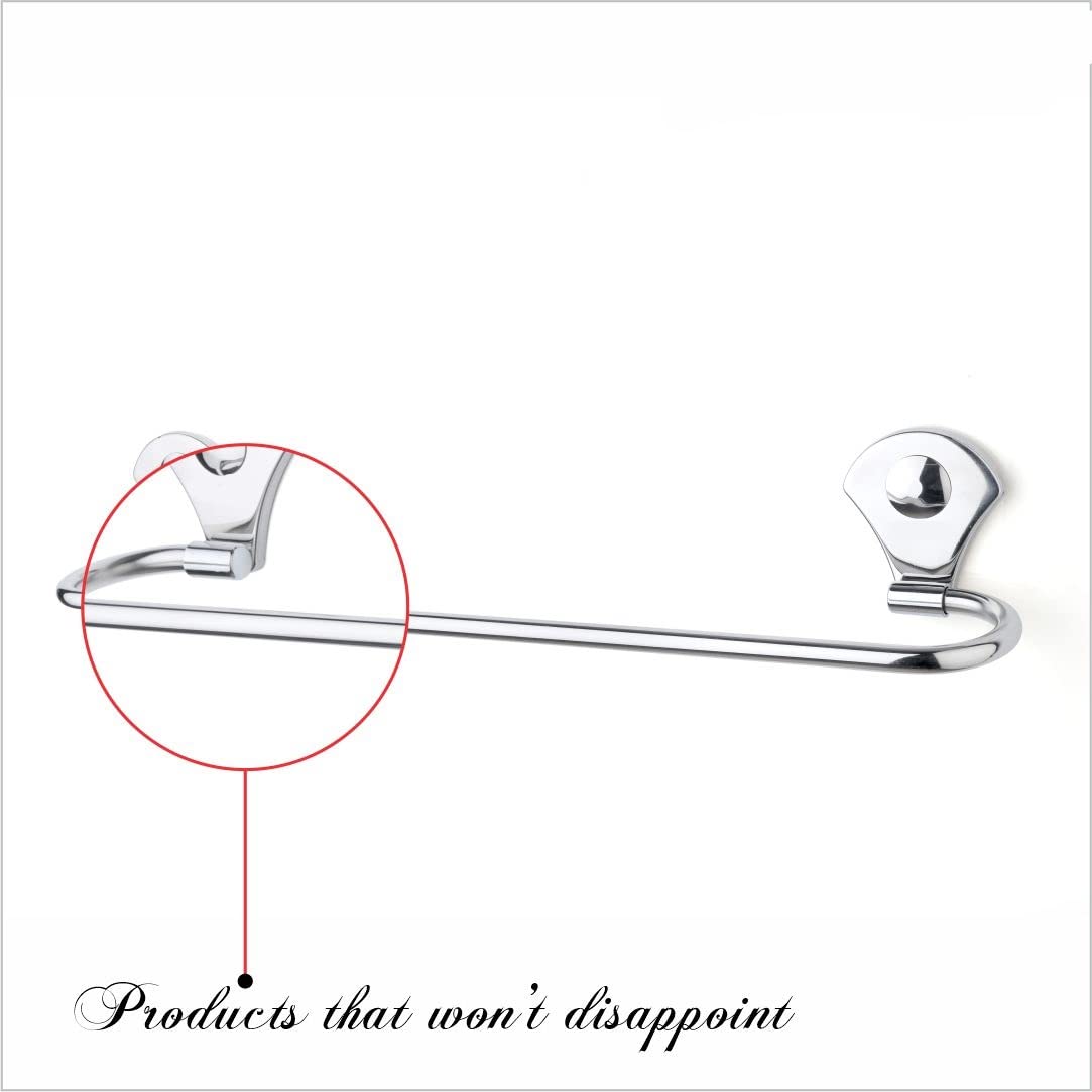 Chrome towel bar with a close-up of a hook on a white background, featuring text 'Products that won't disappoint'.