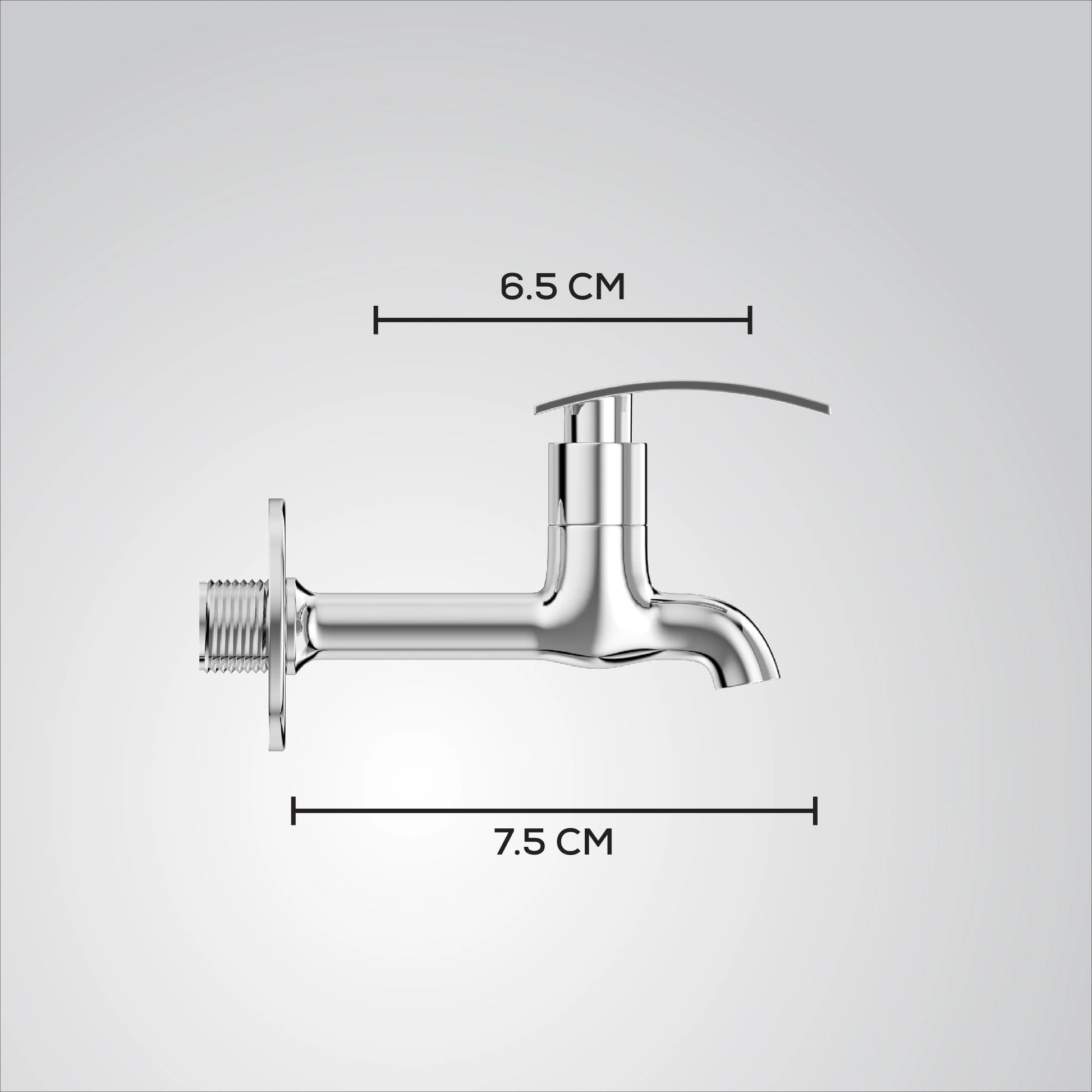 Chrome faucet with measurements on a gray background